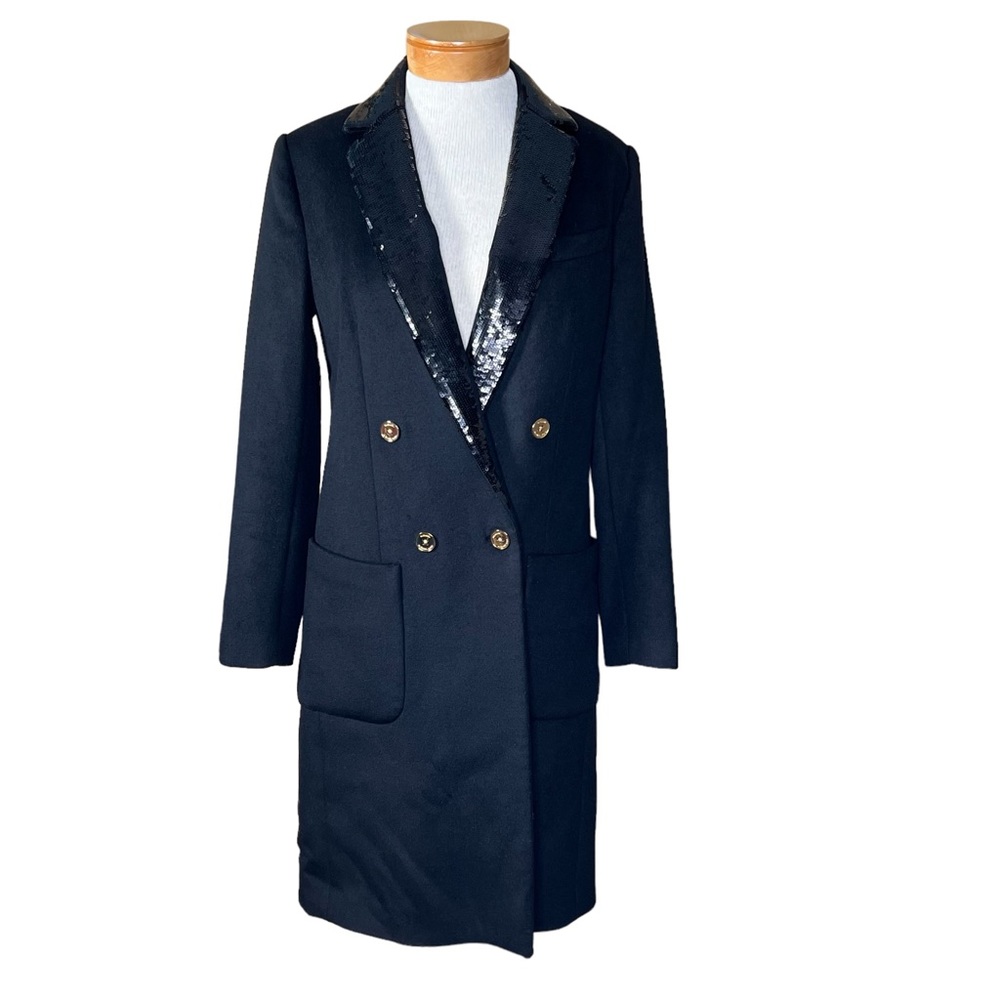 MICHAEL Michael Kors Wool Blend Black Double Breasted Coat w/Sequin Coll…